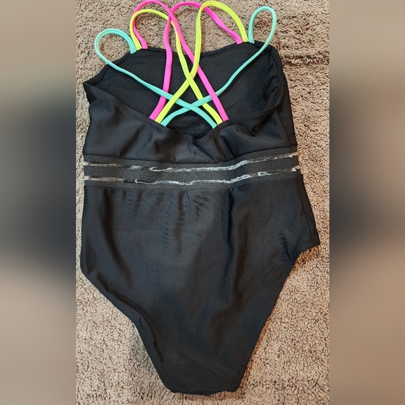 Girls Black One Piece Bathing Suit Size 11 with Mesh Accents And Colorful Straps - Picture 3 of 5